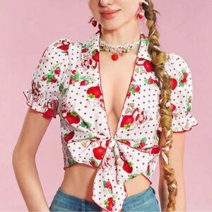 White Strawberry Print Tie-Front Crop Blouse